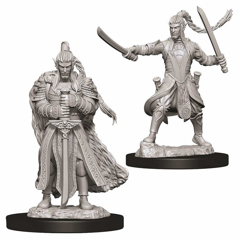 Two unpainted Male Elf Paladin miniatures with curved swords, from D&D Nolzur's Marvelous Miniatures