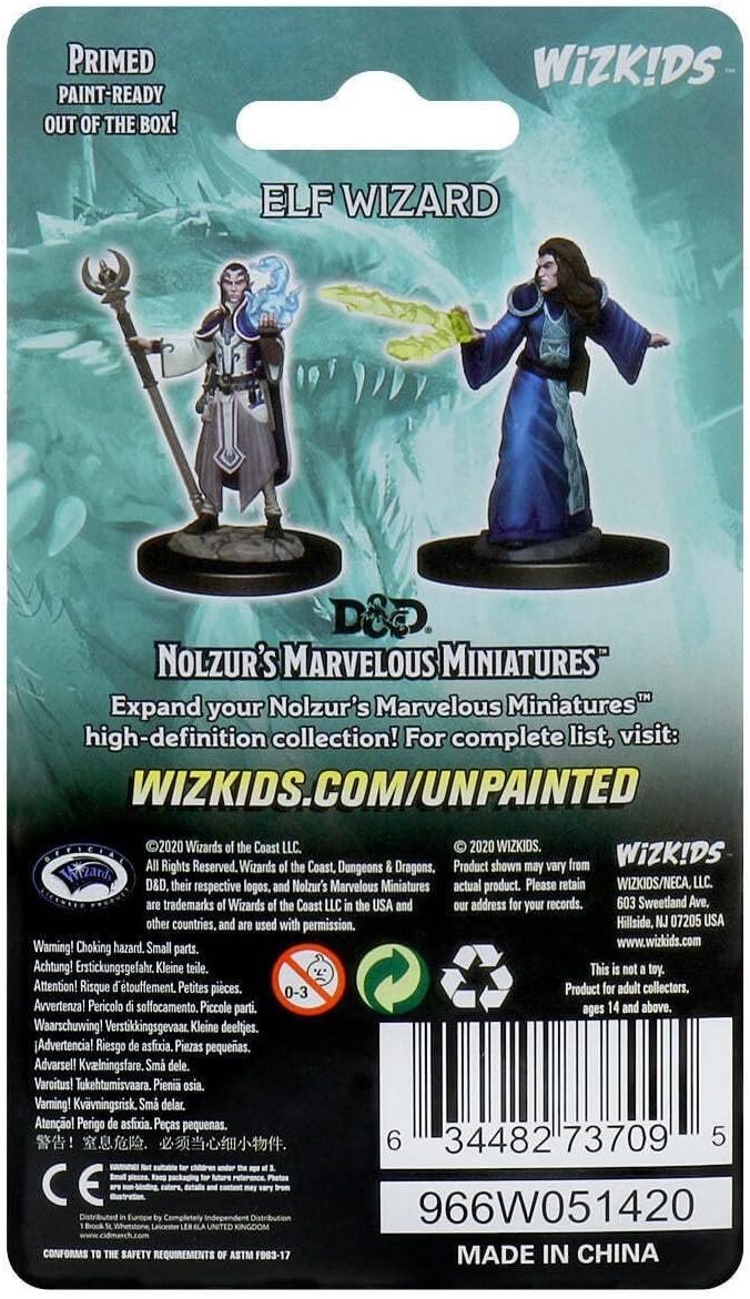 WizKids D&D Nolzur's Elf Wizard blister pack, back view with painted examples