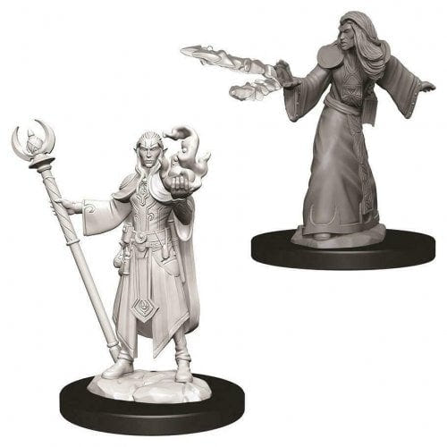 Two unpainted D&D Nolzur's Marvelous Miniatures Elf Wizard figures with staff and spell effect