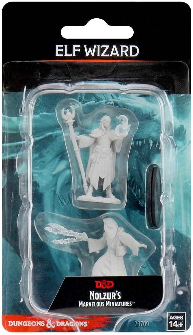 WizKids D&D Nolzur's Marvelous Miniatures Elf Wizard in blister pack, front view