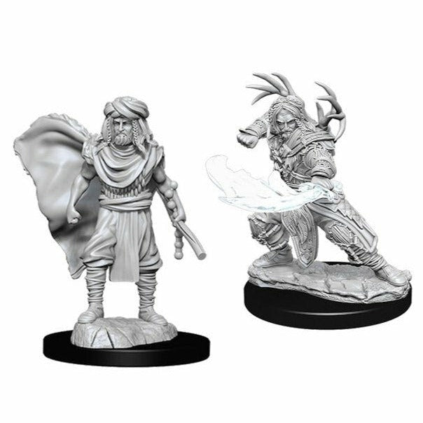 Two unpainted D&D Nolzur's Marvelous Miniatures male human druid figures, one casting a spell
