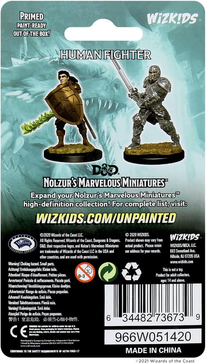 Back of the WizKids Nolzur's Marvelous Human Fighter blister pack with painted examples and barcode