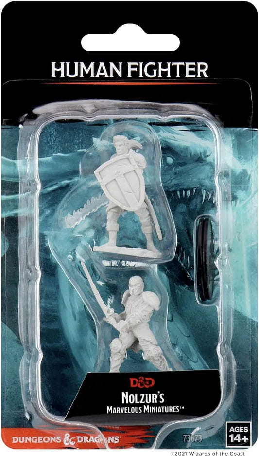 WizKids Nolzur's Marvelous Human Fighter blister pack holding two unpainted primed miniatures
