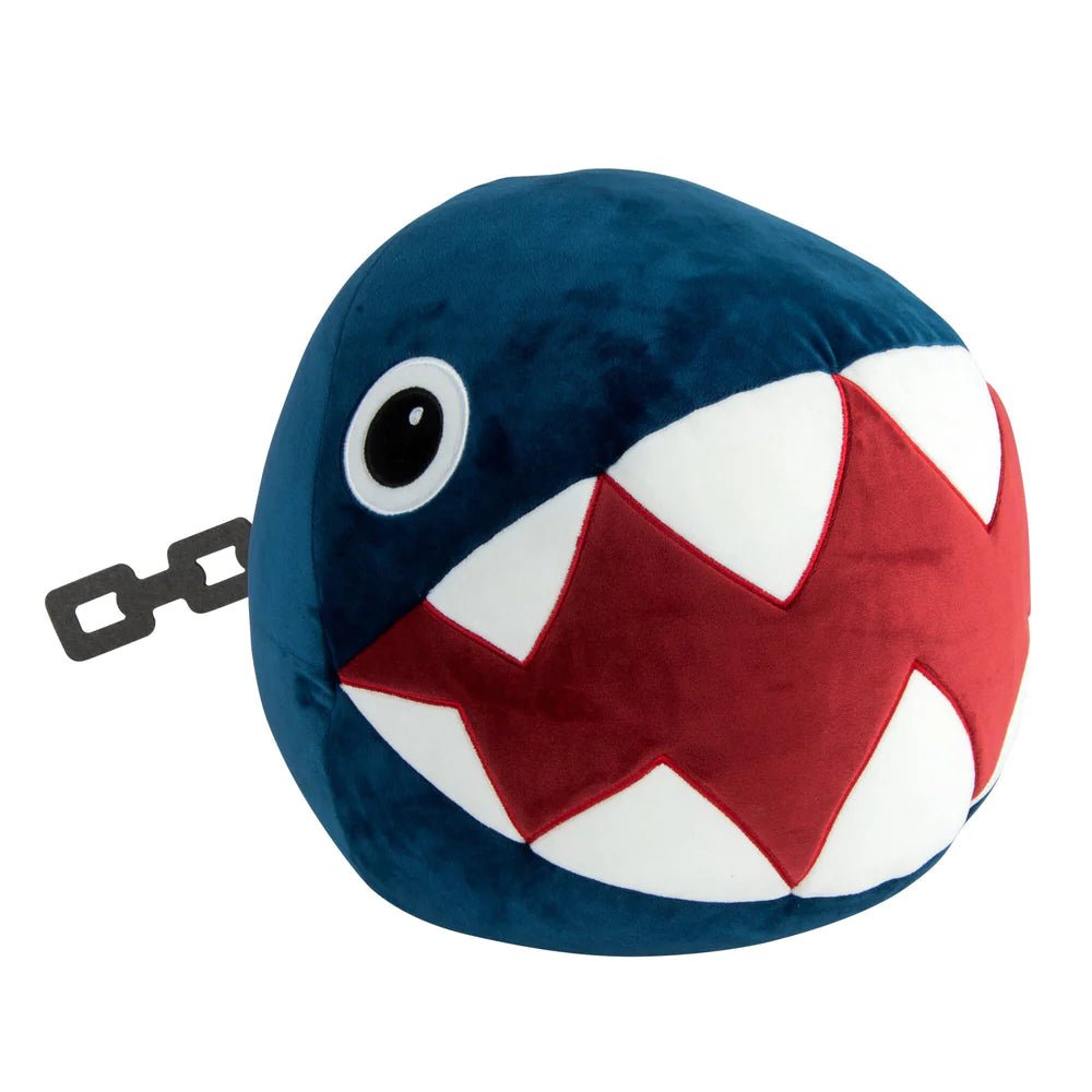 TOMY Mocchi-Mocchi Chain Chomp plush in navy blue with white teeth and chain