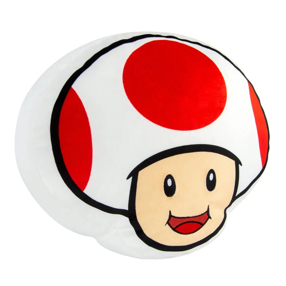 TOMY Mocchi-Mocchi Toad head pillow plush with red spots and smiling face