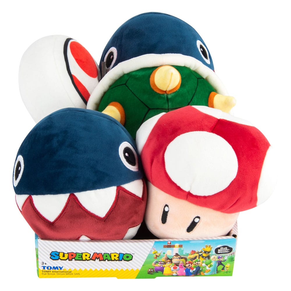 TOMY Mocchi-Mocchi Mario plushes in display box: Chain Chomp, spiked shell and red mushroom