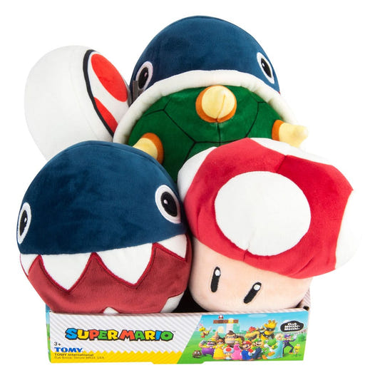TOMY Mocchi-Mocchi Mario plushes in display box: Chain Chomp, spiked shell and red mushroom