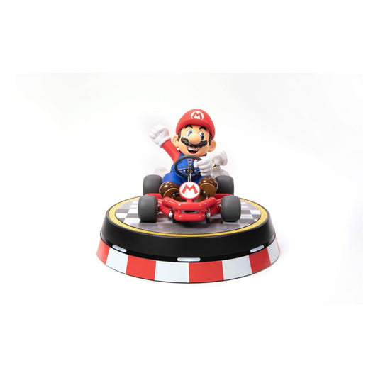 First 4 Figures Mario Kart Mario PVC statue in Pipe Frame kart on light-up base, front view