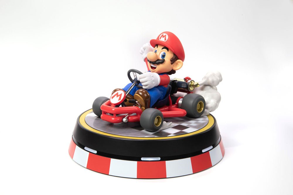 Mario Kart Mario statue three-quarter view with smoke from the wheels, First 4 Figures
