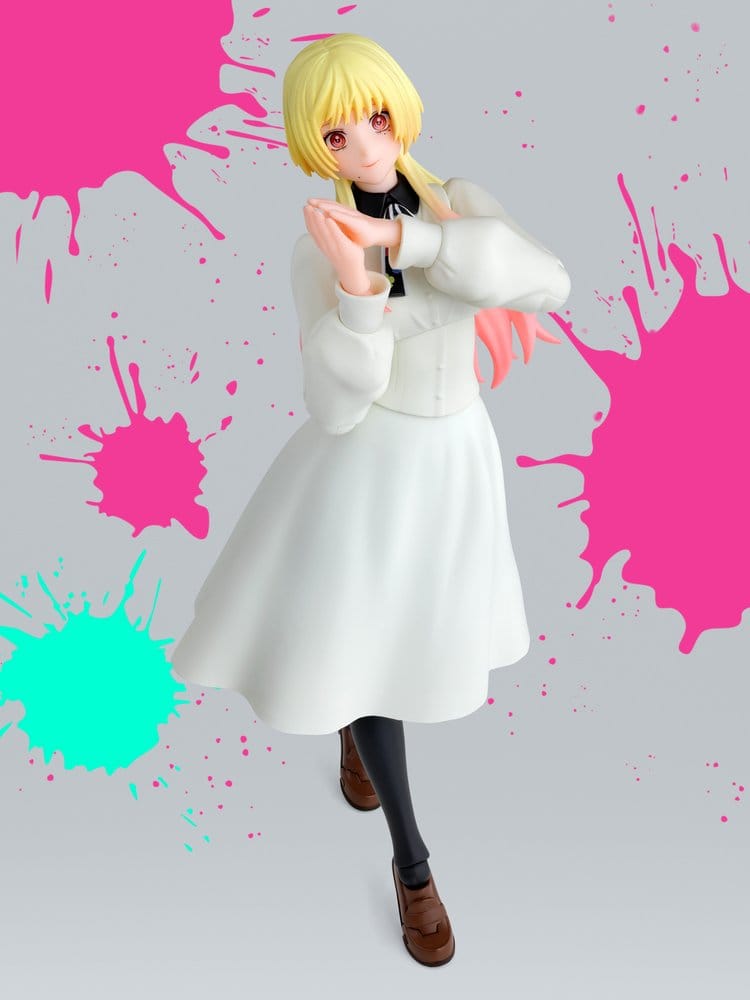 S.H.Figuarts Mei Kinosaki figure with clasped pleading hands against a paint splatter backdrop
