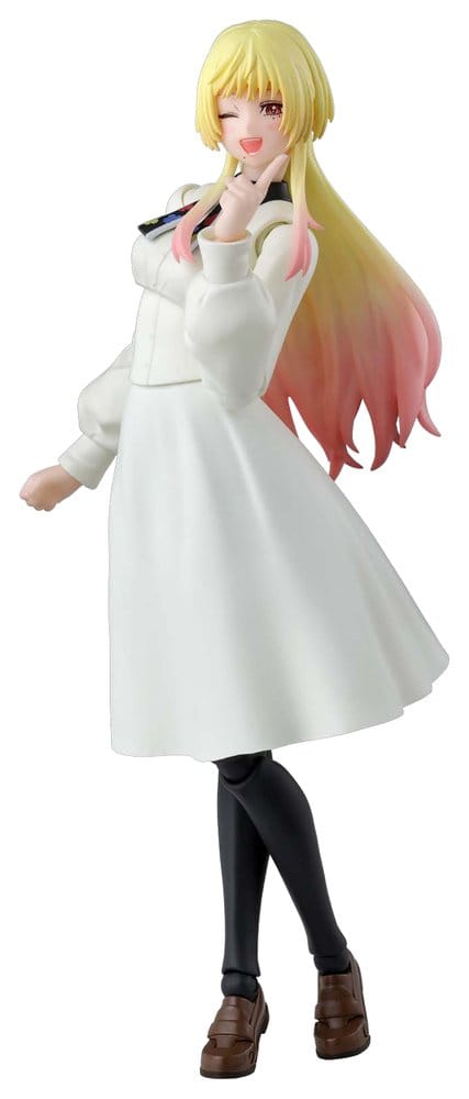 Bandai S.H.Figuarts Mei Kinosaki figure from Marriagetoxin in white dress, winking, on white background