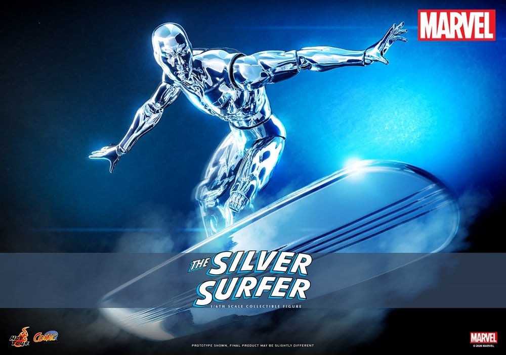 Hot Toys Silver Surfer sixth-scale figure promo banner, surfing through space with arm outstretched