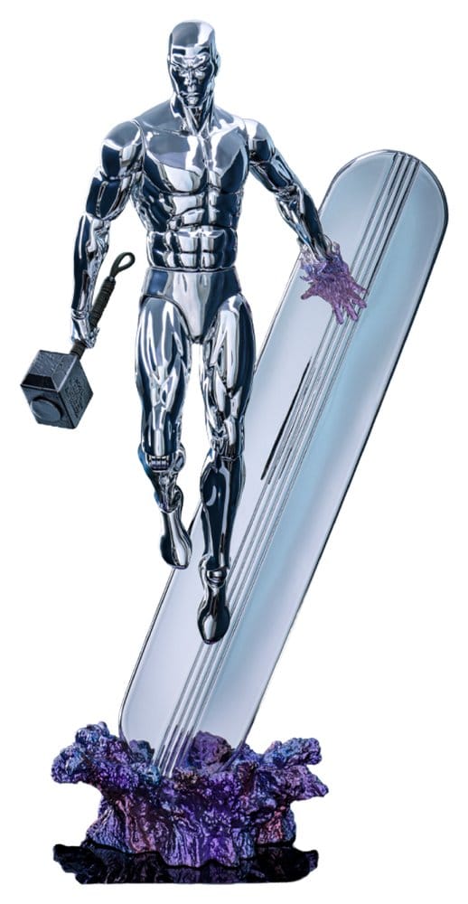 Hot Toys Marvel Silver Surfer 1/6 figure holding Mjølnir, floating beside his upright surfboard on a purple base