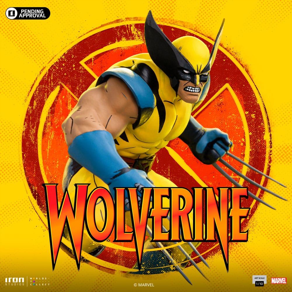 Iron Studios Wolverine statue in front of a yellow and red Wolverine title graphic