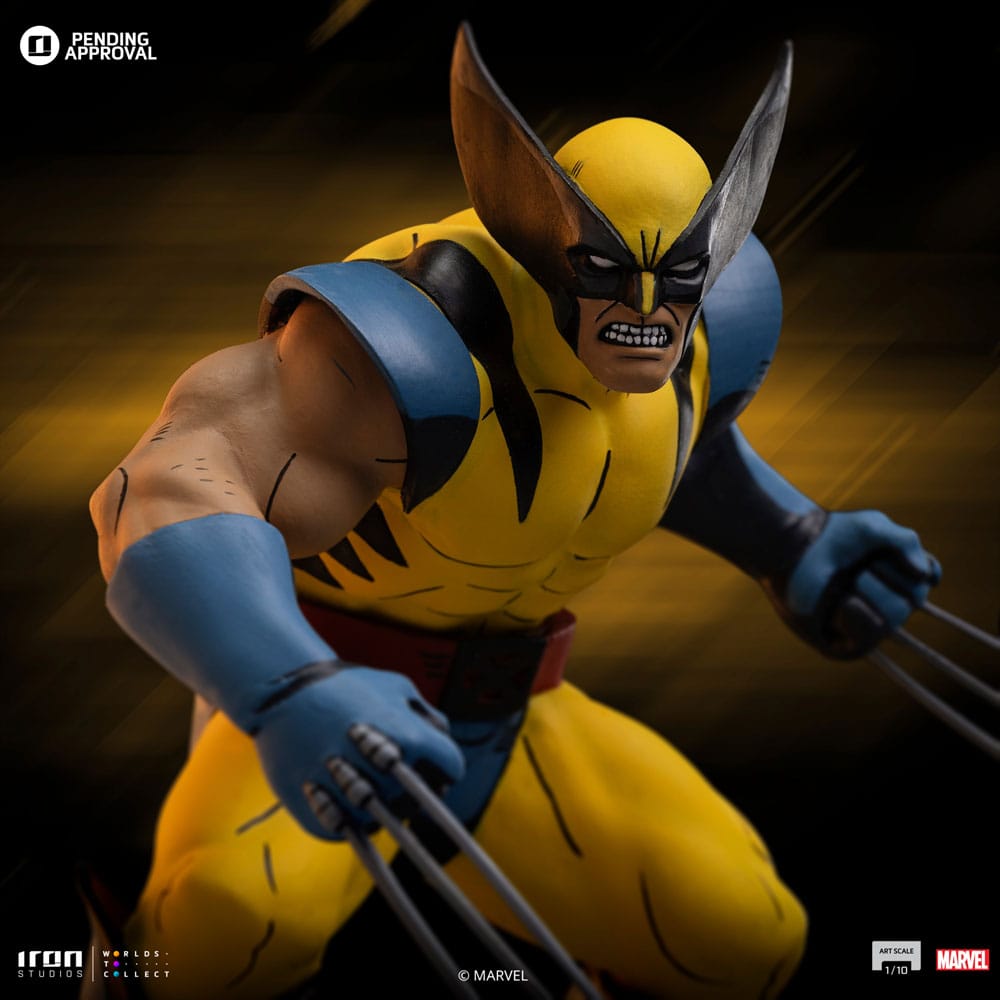 Close-up of the Iron Studios X-Men 97 Wolverine statue snarling in his yellow and blue suit