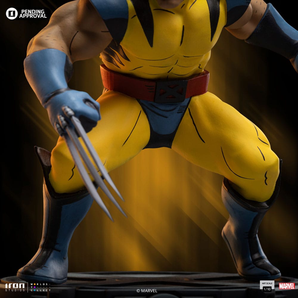 Close-up of the Wolverine statue legs, red belt and adamantium claws in a crouching pose
