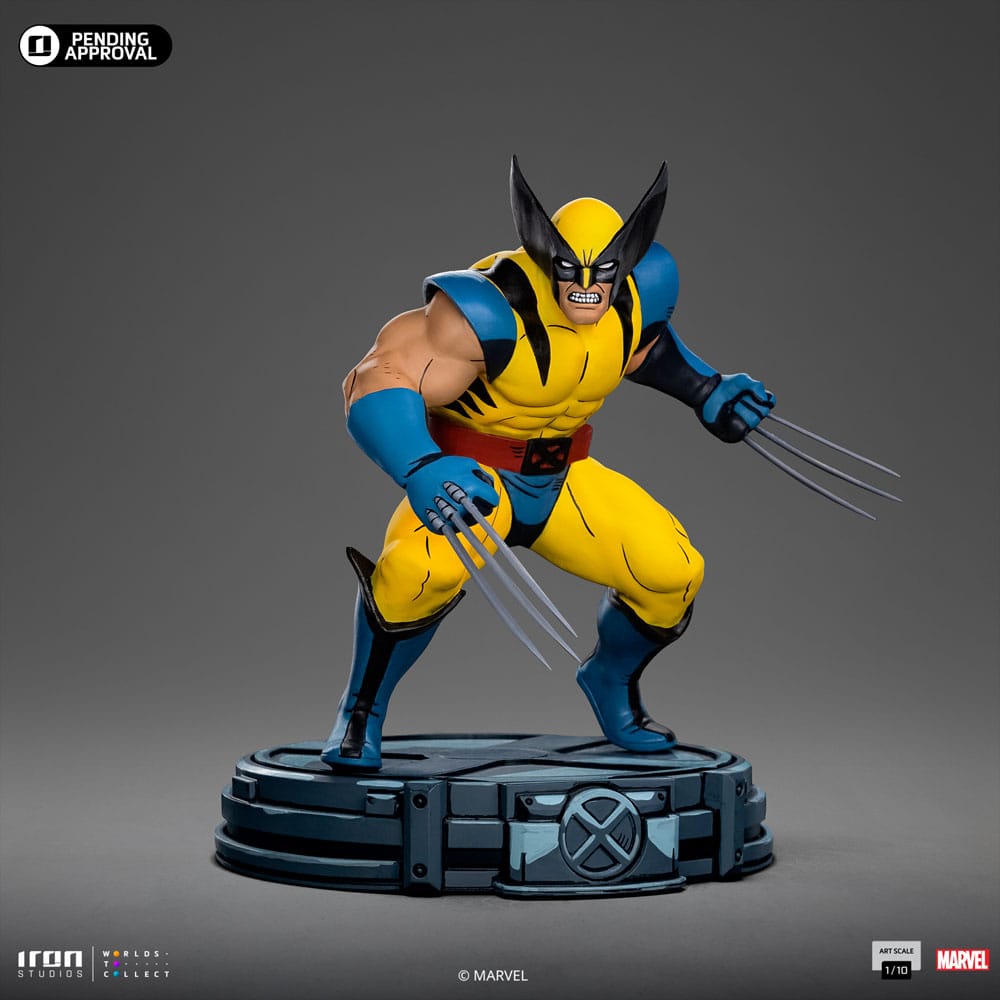 Iron Studios X-Men 97 Wolverine 1/10 statue, front view showing the X-Men logo on the base