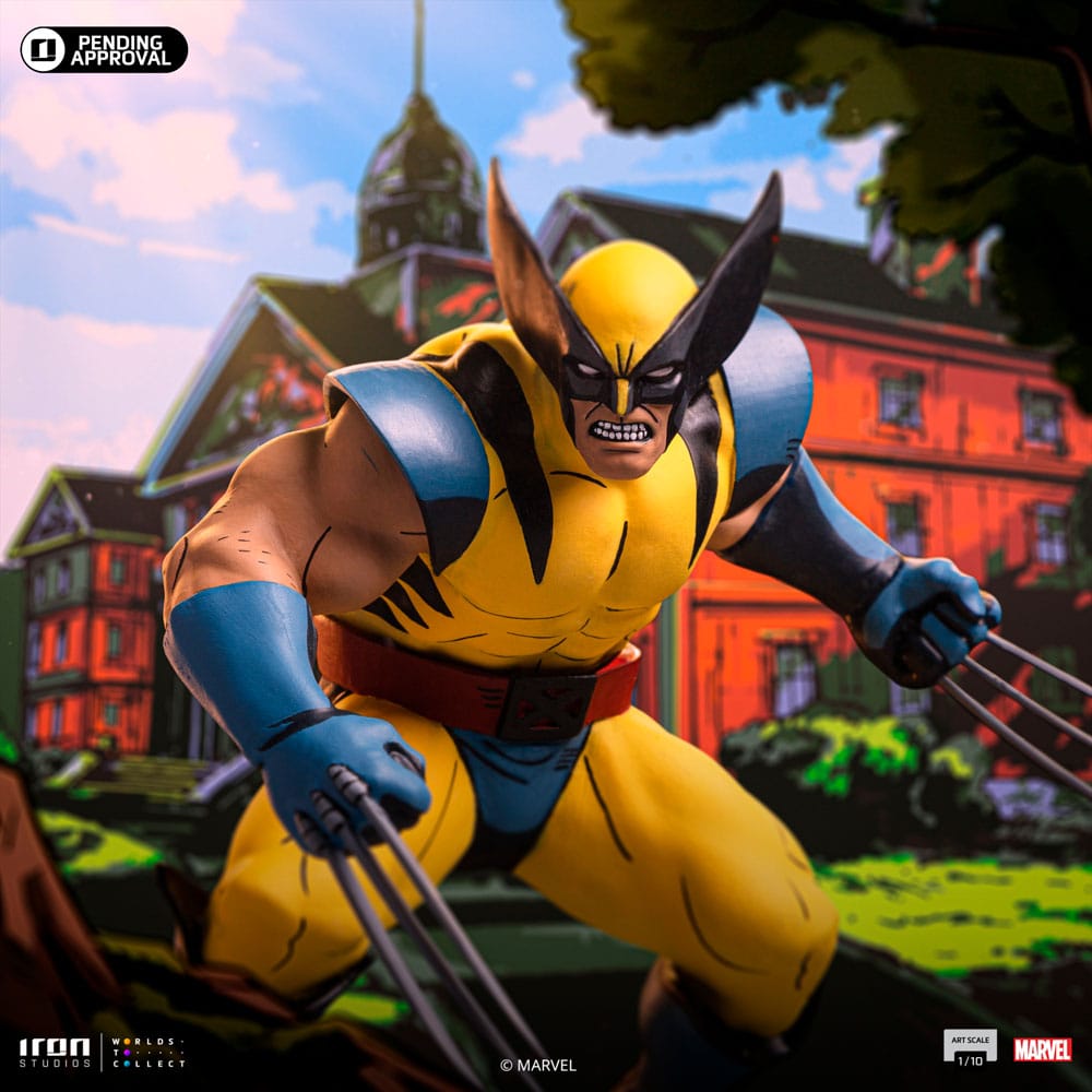 Iron Studios Wolverine statue set against an animated X-Mansion backdrop