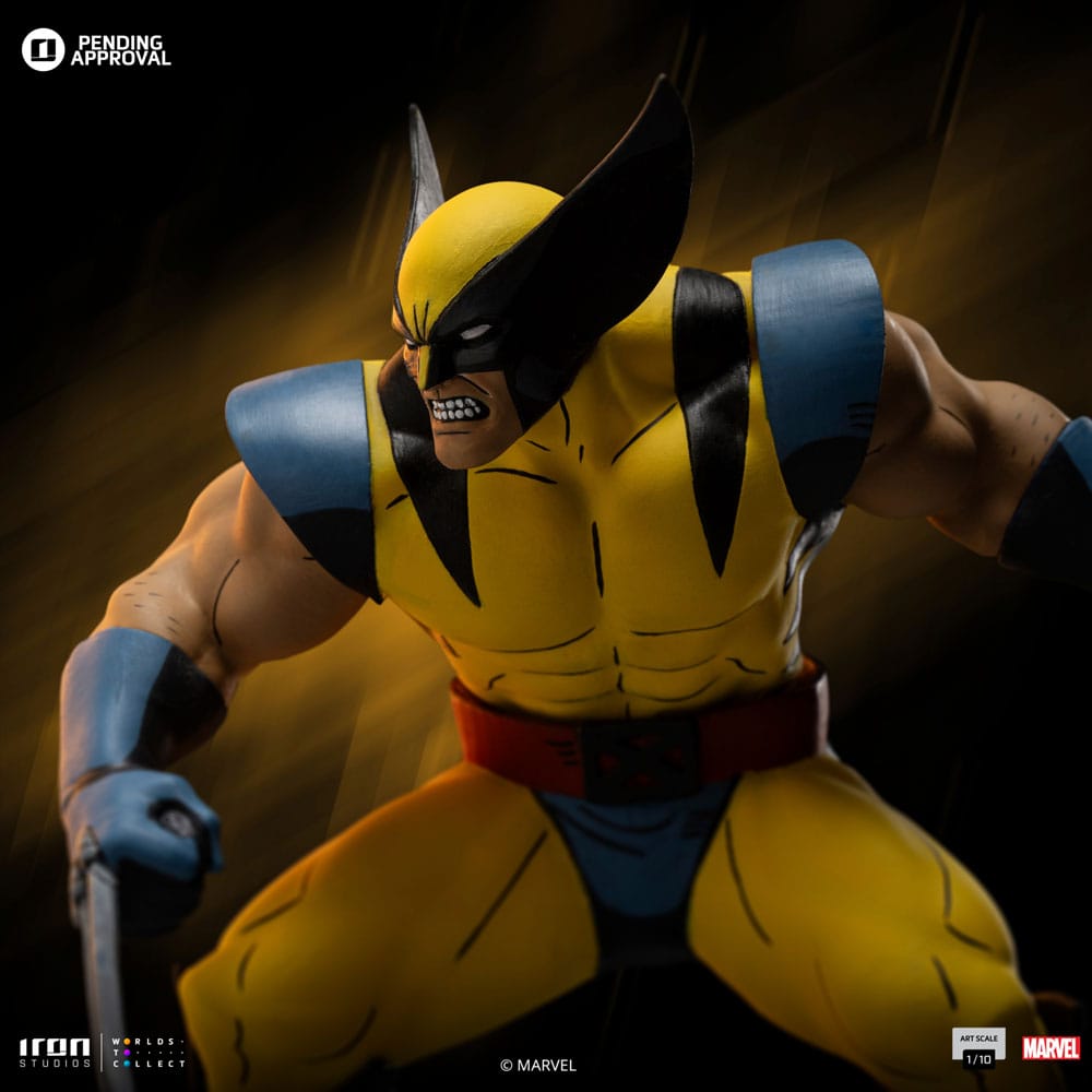 Close-up of the X-Men 97 Wolverine statue torso and masked face in dramatic lighting