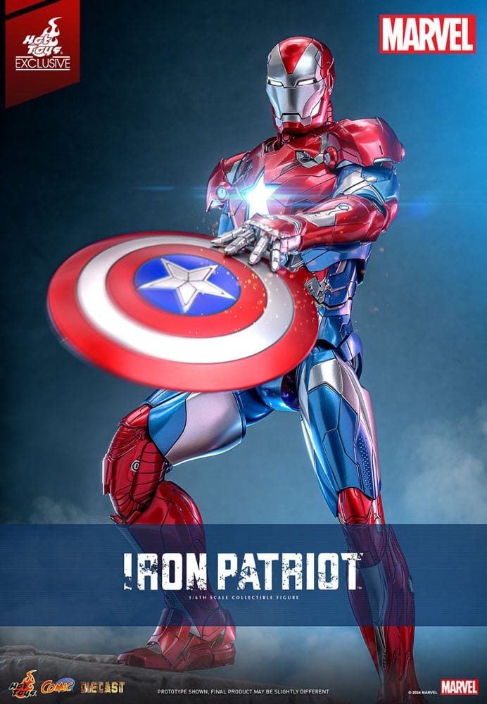 Hot Toys Marvel Iron Patriot figure banner holding a star-emblazoned round shield