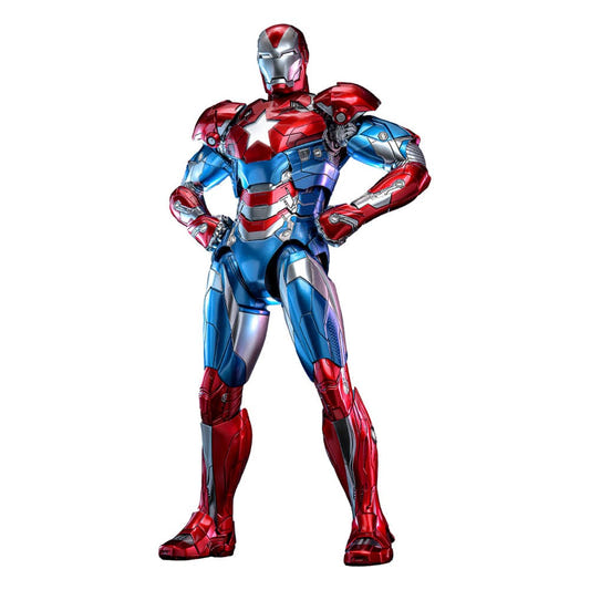 Hot Toys 1/6 Iron Patriot diecast figure in red, white and blue armour, hands on hips, front view