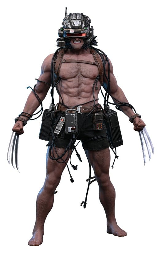 Hot Toys Marvel Weapon X 1/6 figure with helmet, harness and claws, front view on white