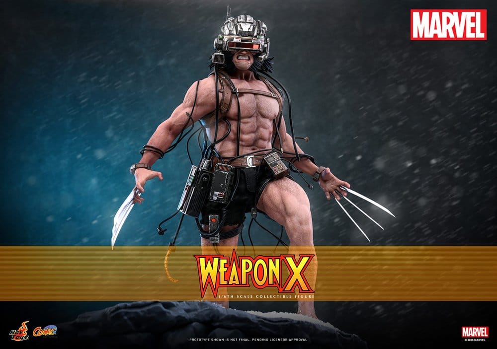 Hot Toys Weapon X banner shot with figure wired up and claws out against falling snow