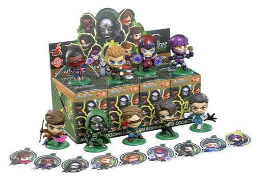 Hot Toys Marvel Cosbi Avengers: Doomsday blind box display with bobble-head mini figures lined up in front