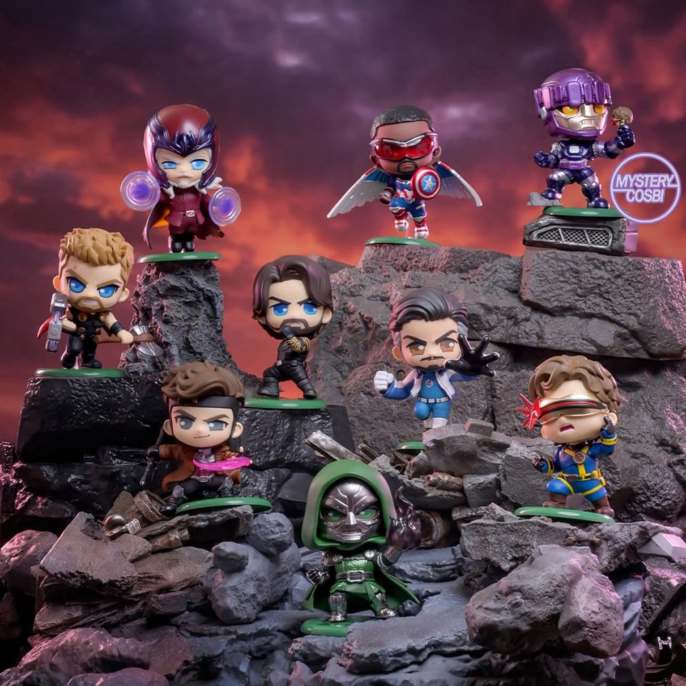 Hot Toys Marvel Cosbi Avengers: Doomsday bobble-head mini figures group shot posed on rocky scenery