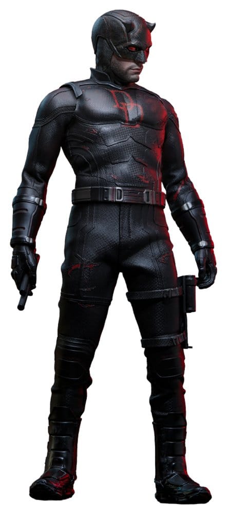 Hot Toys Daredevil: Born Again 1/6 figure in weathered black-over-red suit, full-length front view