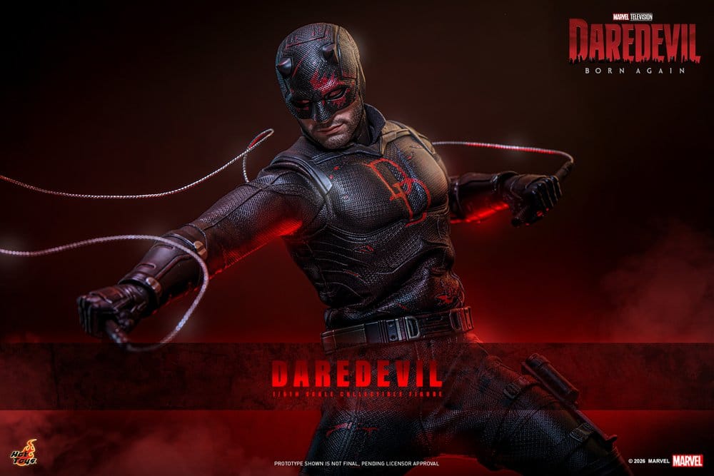 Hot Toys Daredevil 1/6 figure promo banner, lunging with his Billy Club wire, Daredevil: Born Again