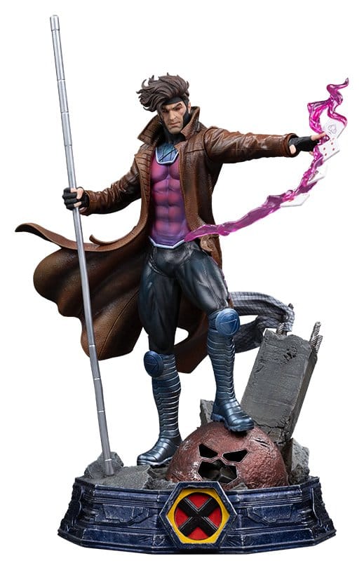 Iron Studios Marvel Gambit 1/10 Art Scale statue with bo staff and long kinetic card trail, front view