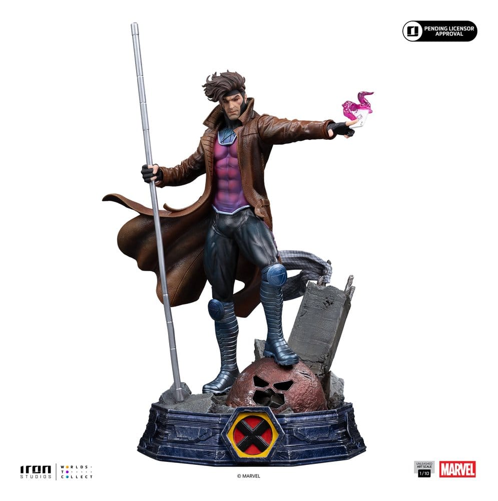 Gambit Unleashed 1/10 statue front view with charged card hand and bo staff