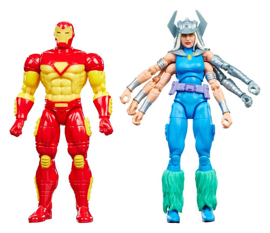 Marvel Legends Iron Man and Spiral figures standing side by side, Spiral showing her six arms