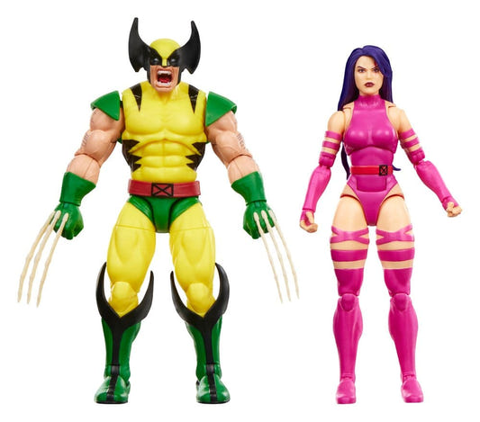 Marvel Legends Player 2 Wolverine in yellow and green and Psylocke in pink, standing side by side
