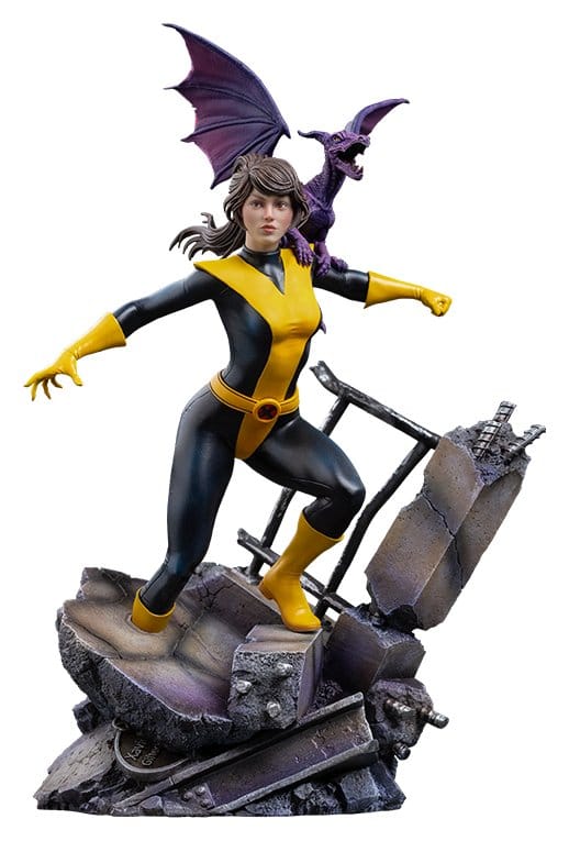 Iron Studios Marvel Kitty Pryde and Lockheed 1/10 BDS Art Scale statue on rubble, front view