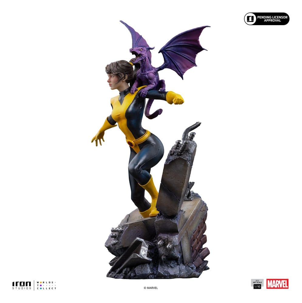 Kitty Pryde and Lockheed statue side view, purple dragon perched on her shoulder