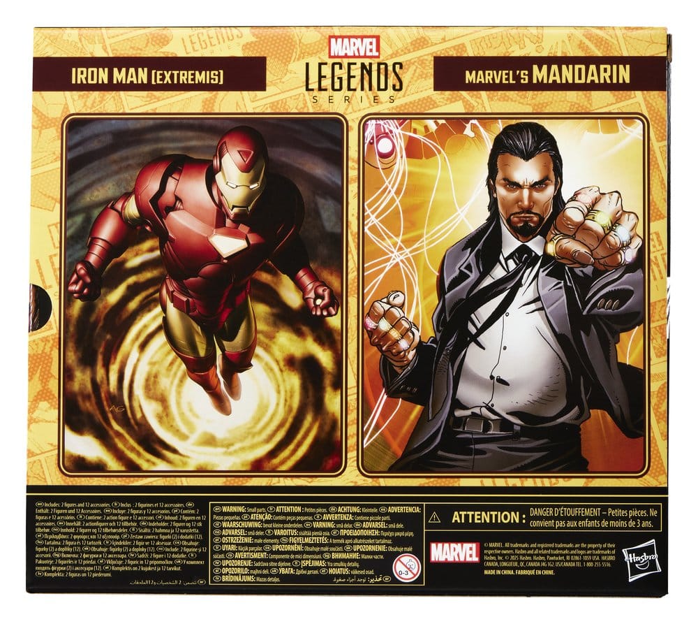 Front of the Marvel Legends Iron Man Extremis and Marvel's Mandarin 2-pack box with comic art