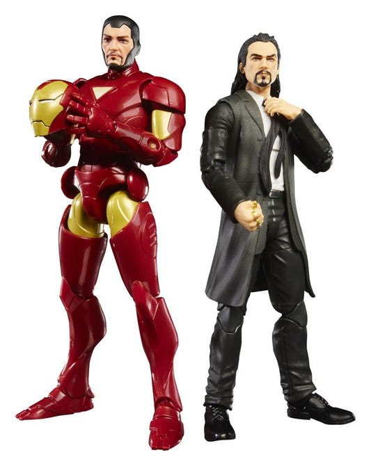 Hasbro Marvel Legends Iron Man Extremis figure with helmet in hand beside the Mandarin
