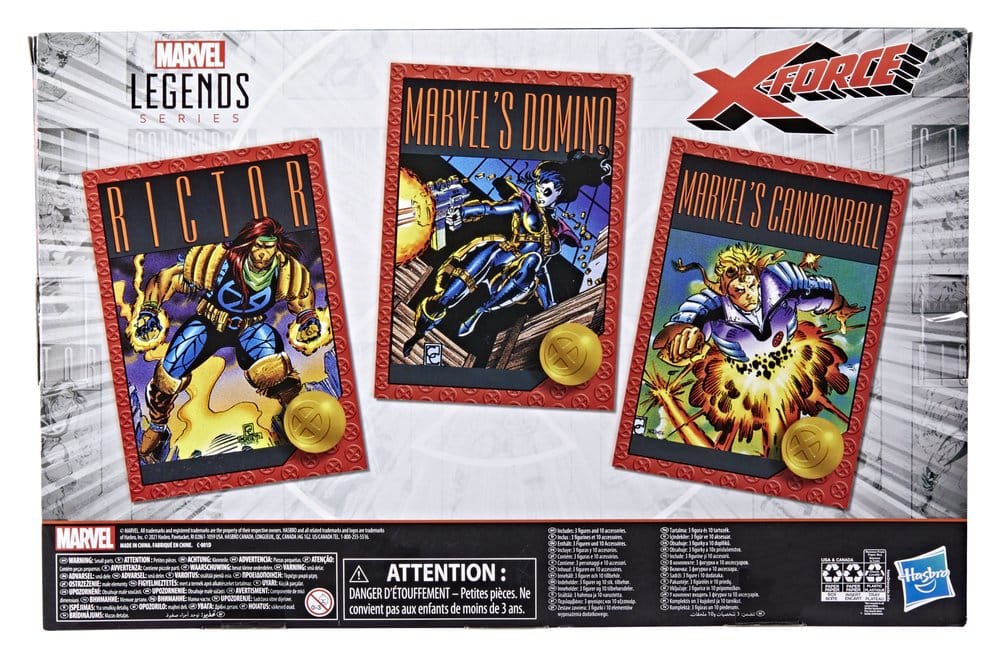 Back of the Hasbro Marvel Legends X-Force 3-pack box with Rictor, Domino and Cannonball comic art