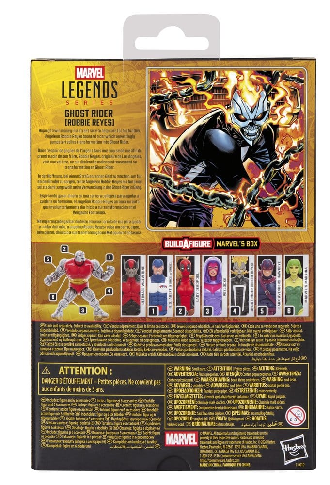 Hasbro Marvel Legends Ghost Rider (Robbie Reyes) box back with comic art and Build-A-Figure guide