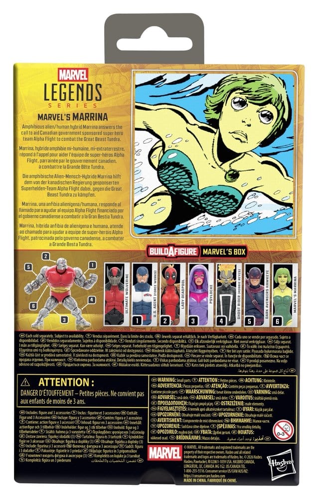 Back of the Marvel Legends Marvel's Marrina box with comic art and Build-A-Figure line-up
