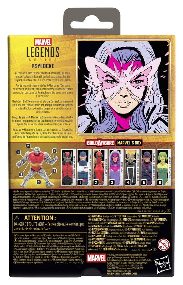 Hasbro Marvel Legends Psylocke box back with comic artwork and Marvel's Box Build-A-Figure guide