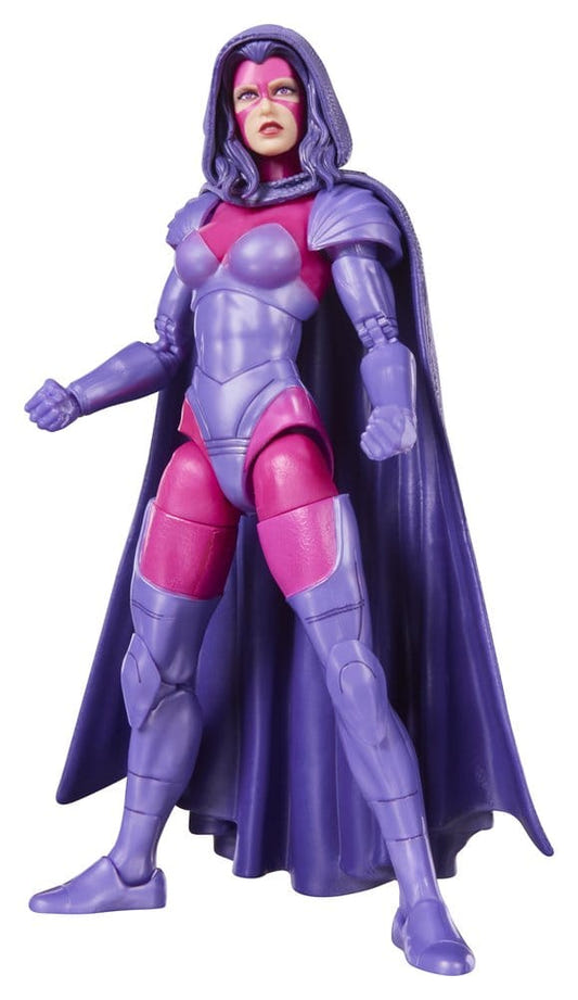 Marvel Legends Psylocke figure in purple hooded cloak and pink costume, standing front view
