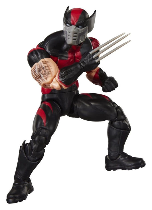 Marvel Legends Ultimate Wolverine figure in black and red suit, crouched with adamantium claws out