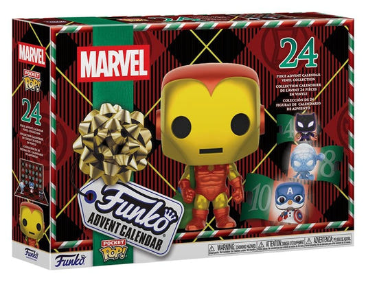 Funko Marvel Pocket POP! 24 day advent calendar box with Iron Man and a gold bow on the front