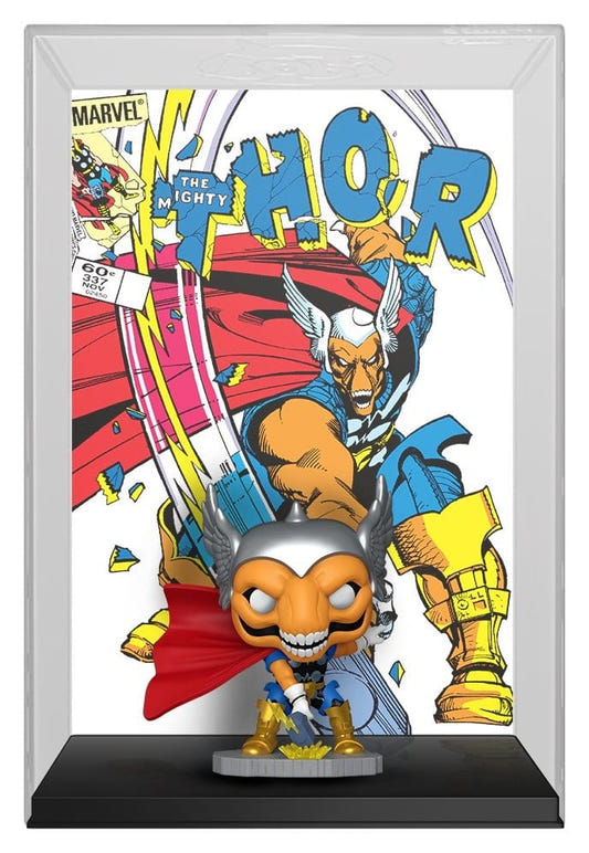 Funko POP! Comic Covers Beta Ray Bill in a case with The Mighty Thor #337 cover backdrop