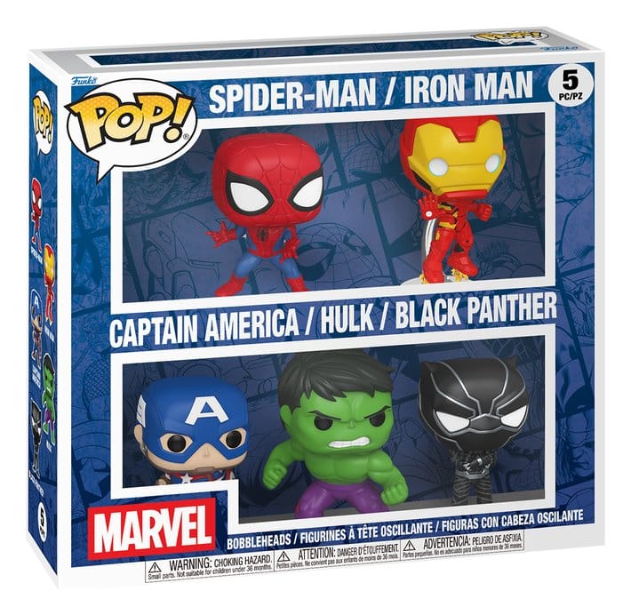 Funko Marvel POP! 5-pack box with Spider-Man, Iron Man, Captain America, Hulk and Black Panther