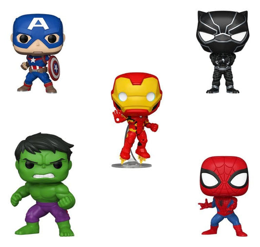 Funko Marvel POP! Captain America, Iron Man, Black Panther, Hulk and Spider-Man figures out of box