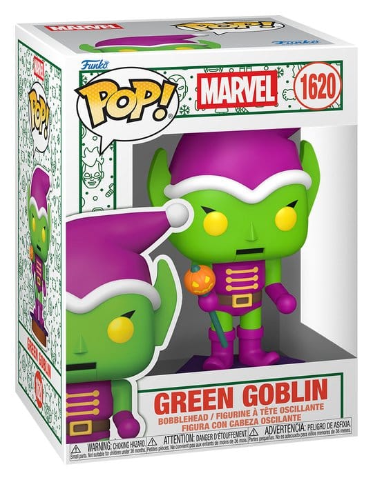 Marvel Funko POP! 1620 Green Goblin nutcracker bobblehead shown in its festive window display box